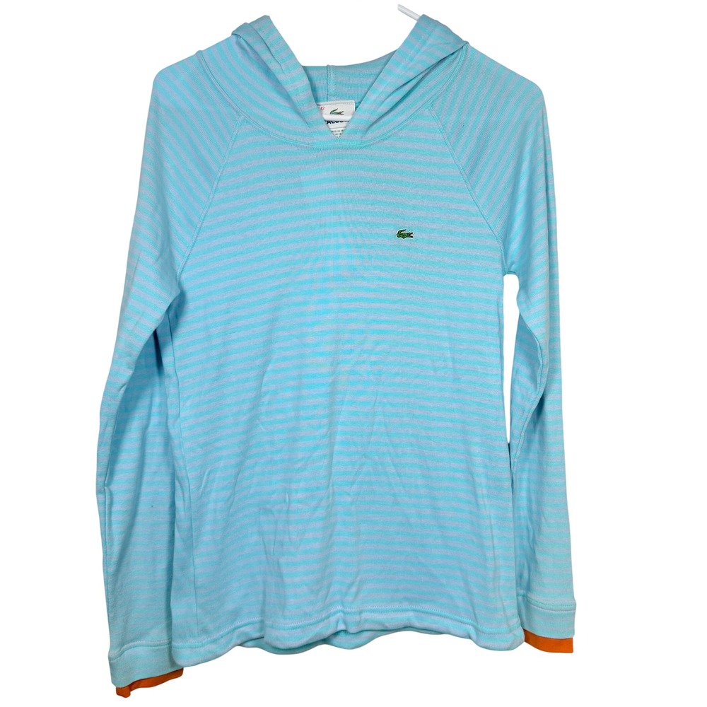 Lacoste Women Hoodie Size 10 Blue Green Striped Preppy French Designer TF3585